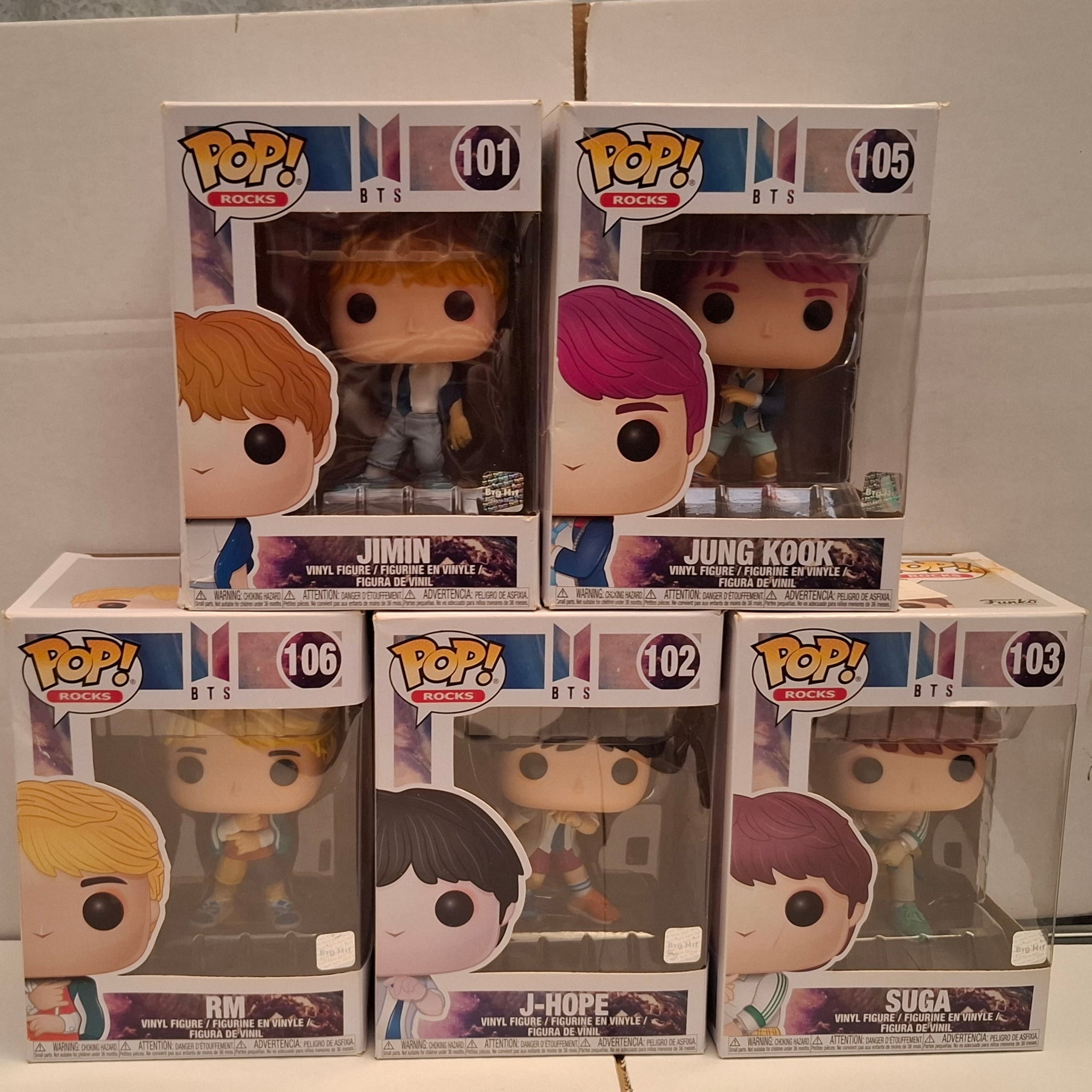 LOT Funko Pop BTS - Jimin #101, J-Hope #102, Suga #103, Jung Kook #105, RM #106 Funko