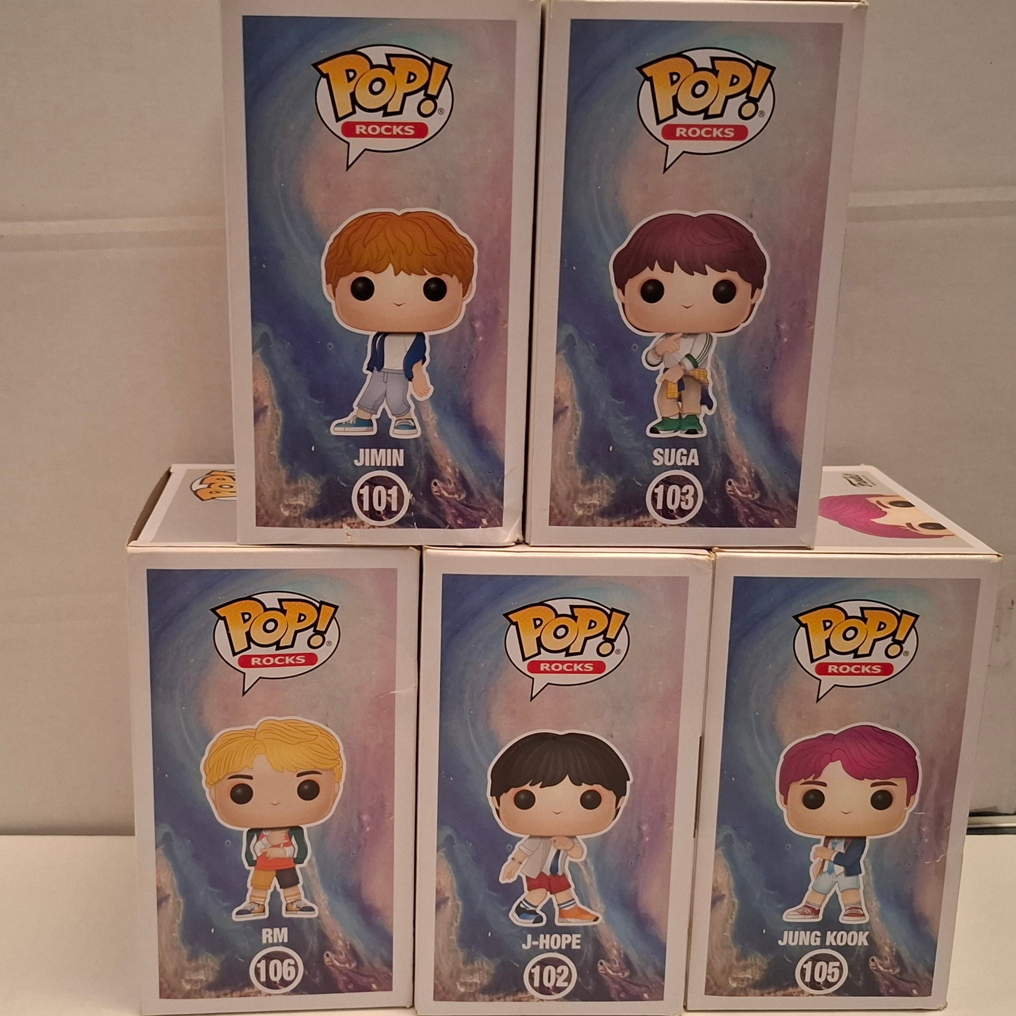 LOT Funko Pop BTS - Jimin #101, J-Hope #102, Suga #103, Jung Kook #105, RM #106 Funko
