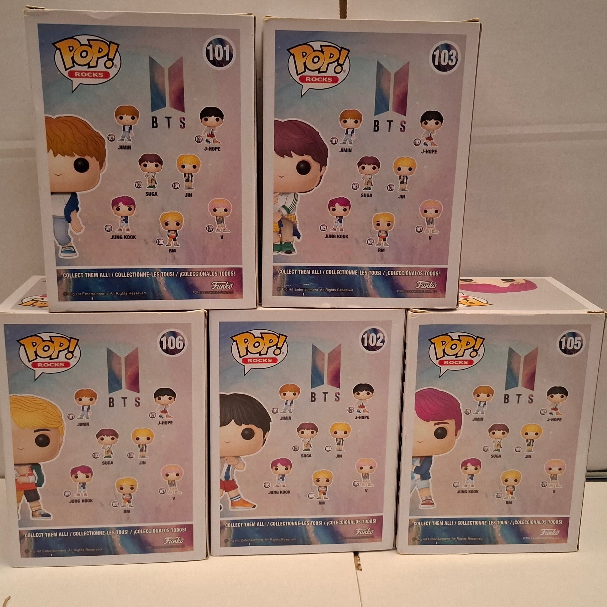 LOT Funko Pop BTS - Jimin #101, J-Hope #102, Suga #103, Jung Kook #105, RM #106 Funko